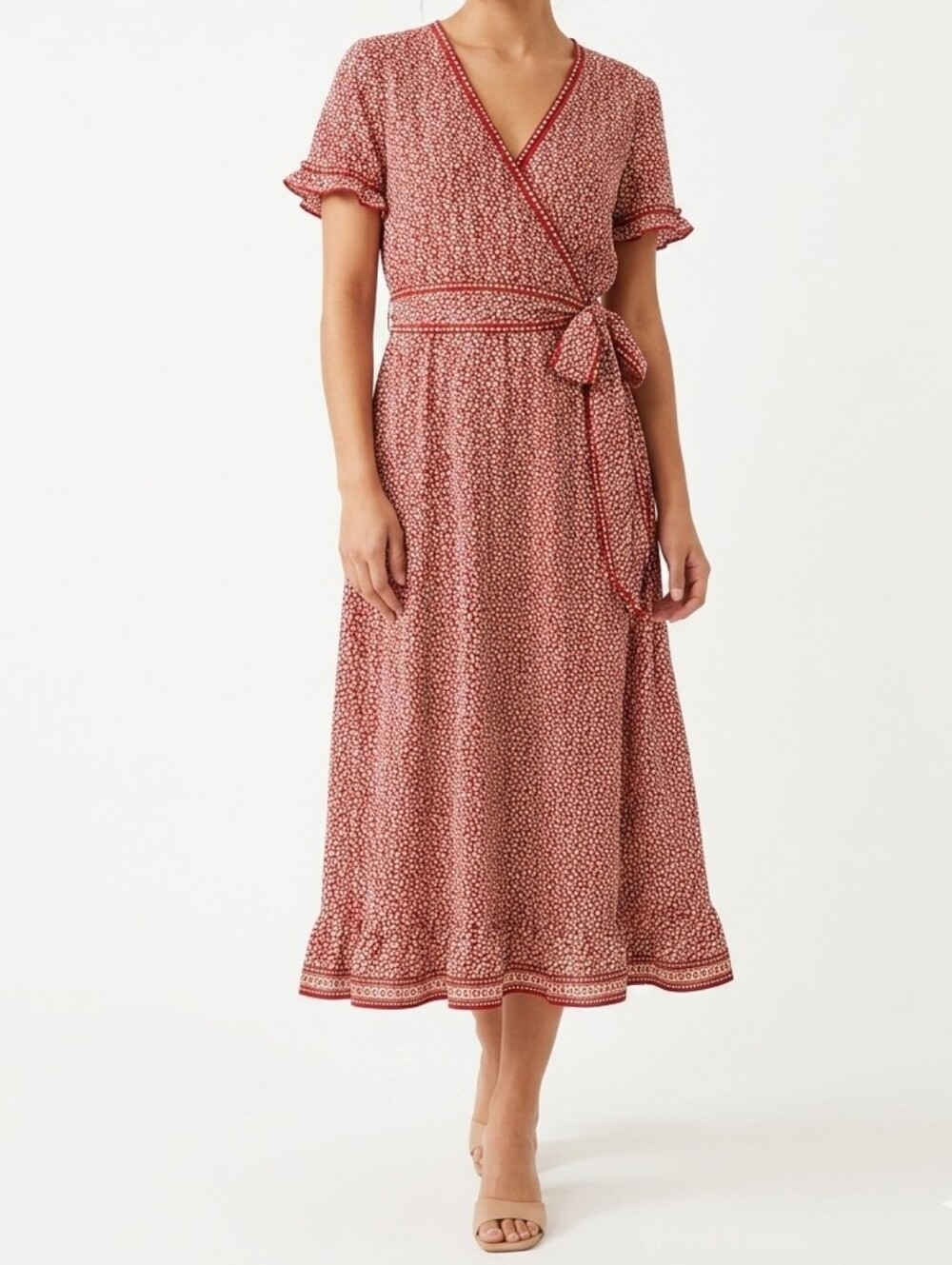 Max Studio Red Ditsy Floral Print Faux Wrap Short Sleeve Midi Dress Size Small